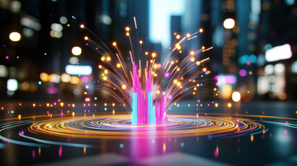 Fototapete - vibrant 3D visualization of market analysis with colorful data flow, showcasing dynamic growth and insights in modern urban setting