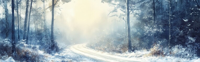 Poster - Snowy forest pathway during winter morning light with a serene ambiance and soft snowflakes falling