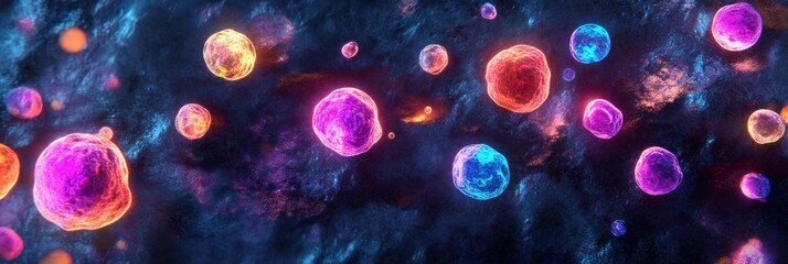 Fototapete - Magnified view of viruses showcasing vibrant colors in a scientific illustration style. Generative AI