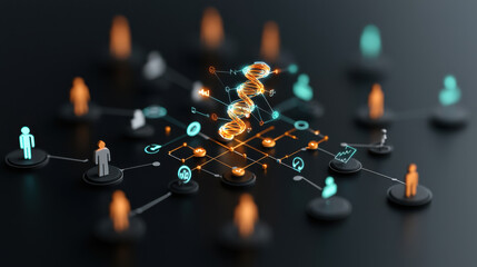Leinwandbilder - bold depiction of innovation in global health featuring interconnected figures and DNA helix, symbolizing collaboration and advancement in healthcare technology