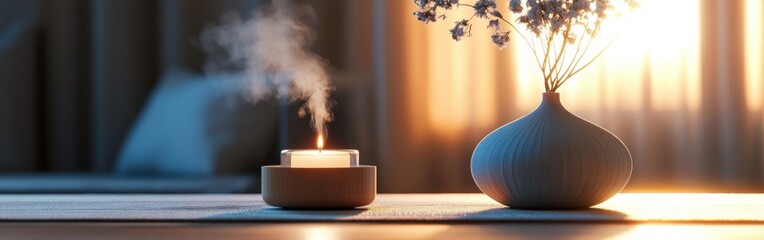 Aufkleber - Soft blue and amber mist surrounds candle and vase, creating a serene atmosphere in a cozy room