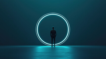 Aufkleber - person stands in front of glowing circular light, symbolizing innovation and possibilities. serene atmosphere evokes sense of wonder and exploration