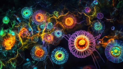 Fototapete - Magnified view of vibrant viruses showcasing intricate details in scientific style. Generative AI