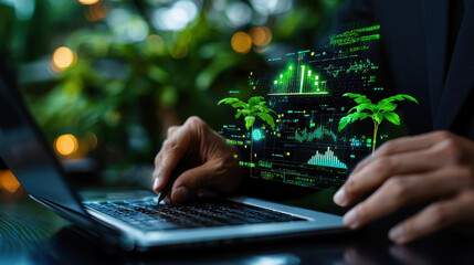 Aufkleber - business consultant analyzing global economic trends with digital graphs and green plants on laptop. scene conveys innovation and sustainability in finance