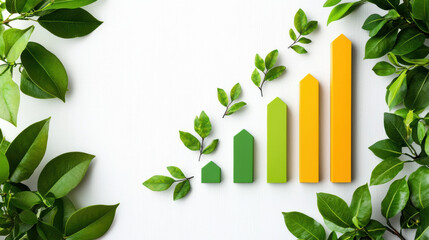 Aufkleber - Growing bar graph with green leaves, symbolizing market analysis and growth. vibrant colors represent progress and sustainability in business