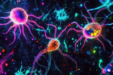 Fototapete - Colorful magnified view of viruses displaying intricate structures and dynamic forms under scientific observation. Generative AI