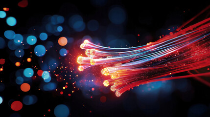 Poster - Colorful light trails representing data transmission in digital network, showcasing beauty of technology and innovation in vibrant, abstract style