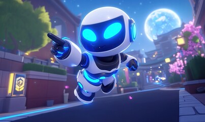 cute robot flying through futuristic neon city street at night under the moon