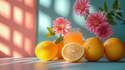 Sticker - Oranges and pink flowers on a pastel table in sunlight