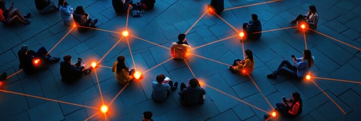 Poster - Connected individuals illuminated by phones create a digital network in a nighttime gathering. Generative AI