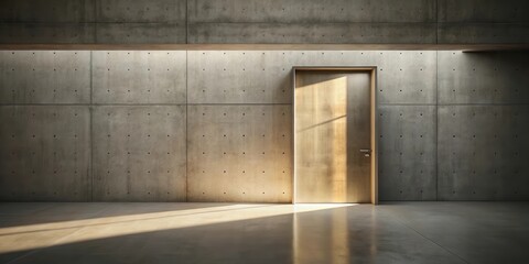 Poster - Sunlit Modern Interior with Closed Wooden Door and Concrete Wall