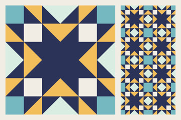 Wall Mural - Geometric Star Pattern, Bold and Colorful Quilt Design with Repeating Motif, seamless vector pattern, abstract geometric background. Traditional barn star-shaped patchwork quilt block