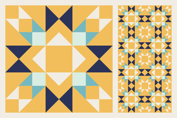 Wall Mural - Geometric Star Pattern, Bold and Colorful Quilt Design with Repeating Motif, seamless vector pattern, abstract geometric background. Traditional barn star-shaped patchwork quilt block