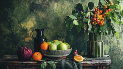 Wall Mural - Rustic fruit and vegetable arrangement in a country kitchen