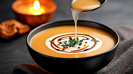 Aufkleber - close up of gourmet soup with fresh herbs and drizzle of cream, creating warm and inviting atmosphere. Perfect for cozy meal or dinner setting