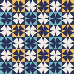 Wall Mural - Geometric pattern with blue and yellow accents, seamless repeating patterns, vector art style, simple shapes, flat color blocks, retro design