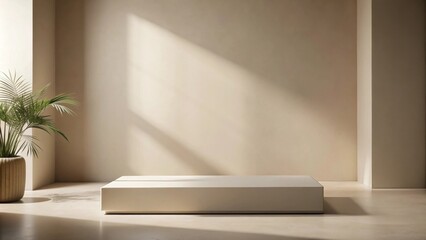 Poster - Minimalist interior design featuring a neutral-toned display platform bathed in sunlight next to a potted plant