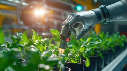 Aufkleber - robotic arm carefully tending to green plants in modern greenhouse, showcasing advanced technology in agriculture. scene highlights innovation and precision in plant care
