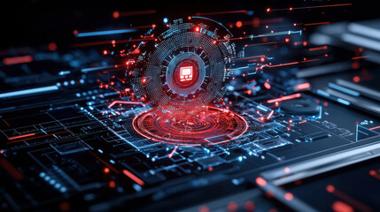 Aufkleber - futuristic cybersecurity interface with digital elements and glowing patterns, showcasing advanced technology and data protection