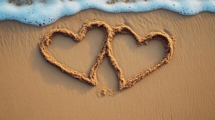 Two heart shapes drawn in sand on a beach, with gentle waves lapping at the shore, symbolizing love and affection.