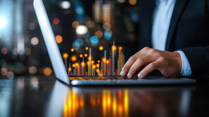 Poster - close up of analyst hand on laptop, analyzing data with glowing graphs and charts. scene conveys sense of focus and modern technology in dynamic environment