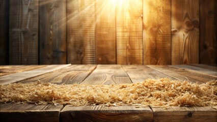 Aufkleber - Rustic Wooden Table with Wood Shavings in Warm Sunlight