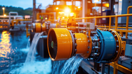 Poster - Close up of hydroelectric turbines with water flowing, showcasing industrial machinery and infrastructure. vibrant colors and dynamic movement create engaging visual