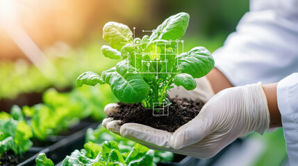 Aufkleber - close up of person holding healthy green plant in soil, showcasing modern agricultural technology and innovation in gardening