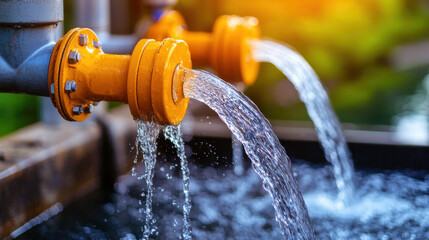 Poster - Water flows from industrial pipes into reservoir, showcasing power of hydroelectric energy. vibrant orange fittings contrast with clear water, creating dynamic scene