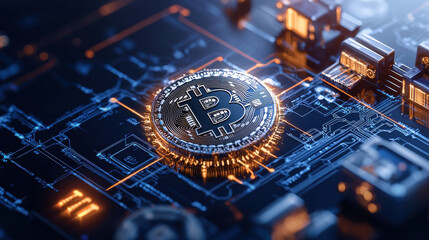 Fototapete - close up view of Bitcoin symbol on digital circuit board, showcasing intricate details and glowing elements, representing cryptocurrency technology and finance