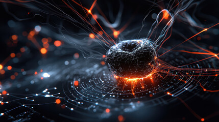 Fototapete - close up view of AI algorithm in action, showcasing intricate data processing with glowing connections and dynamic energy patterns. image captures essence of technology and innovation