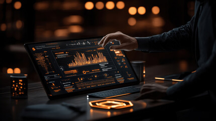 Aufkleber - person interacting with futuristic computer interface displaying glowing data visualizations in dark workspace. atmosphere is high tech and immersive