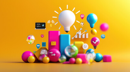 Poster - Colorful infographic showcasing digital marketing concepts with icons, graphs, and laptop. This vibrant design represents creativity and innovation in digital space