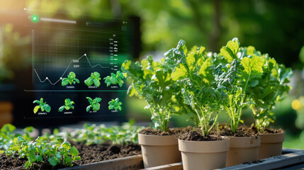 Poster - Growing plants with analytics displayed on computer screen, showcasing vegetable production data and growth trends. blend of technology and nature enhances gardening efficiency