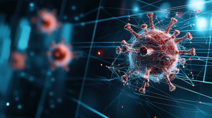Poster - digital representation of virus spreading through network, showcasing intricate details and connections. image evokes sense of urgency and highlights impact of viruses in technology