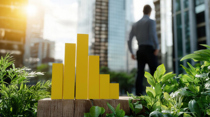 Aufkleber - Data driven decision making is illustrated with yellow bar graphs in urban setting, symbolizing growth and analytics. scene captures professional contemplating strategies amidst greenery