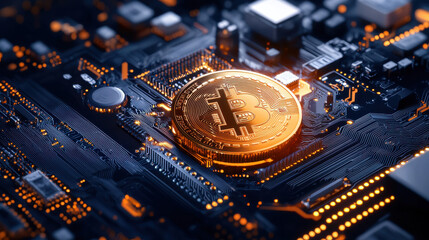 Fototapete - digital representation of cryptocurrency with Bitcoin symbol on circuit board, showcasing technology and finance. image highlights connection between digital currency and modern technology