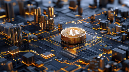 Fototapete - digital representation of cryptocurrency with Bitcoin coin on circuit board, symbolizing technology and finance. intricate design showcases urban elements and glowing lights