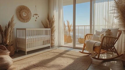 Wall Mural - This serene nursery features a crib, rocking chair, and natural decor elements that create a calming atmosphere. The view adds to its charm.