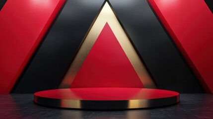 Wall Mural - A modern red-and-black abstract backdrop with golden accents for an award ceremony.
