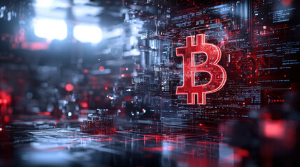 Aufkleber - conceptual image of cryptocurrency symbol emerging from digital background, showcasing technology and finance. vibrant red color adds dynamic feel to scene