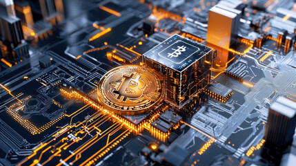 Fototapete - conceptual image of Bitcoin symbol on circuit board, representing digital currency and technology. glowing elements highlight innovation and finance