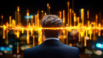 Aufkleber - business leader analyzing market trends with creative visualization of data. image features man in suit with glowing waveform above his head, symbolizing insights