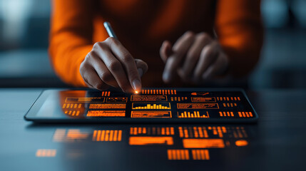 Fototapete - person using tablet to develop business strategy with digital data visualization. glowing orange graphics represent analytics and insights