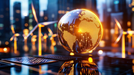 Leinwandbilder - conceptual image of glowing globe representing renewable energy, surrounded by wind turbines and solar panels in modern cityscape. scene conveys innovation and sustainability