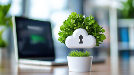 Poster - conceptual image of secure data cloud with encryption, featuring plant growing in pot, symbolizing growth and security in technology