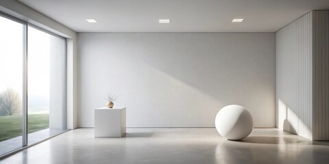 Aufkleber - Modern minimalist interior design showcasing a sunlit room with a white sphere and a pedestal