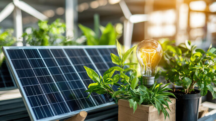 Aufkleber - conceptual image of clean energy innovation featuring solar panels, vibrant green plants, and glowing light bulb. This scene symbolizes sustainability and eco friendly technology
