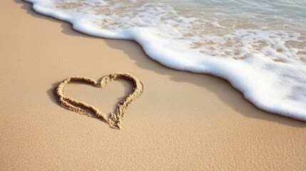 A heart shape drawn in sand on a tranquil beach with gentle waves lapping at the shore, symbolizing love and serenity.