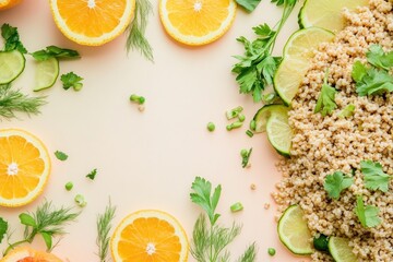 modern top-down view of bulgur salad mixed with herbs and citrus slices neatly arranged on smooth gradient background